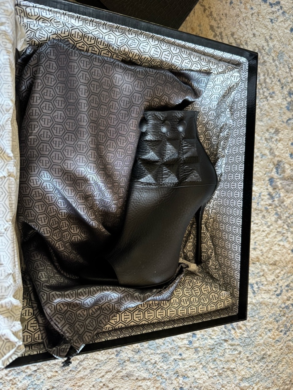 Philipp Plein Black Peep-Toe Studded Leather Ankle Boots - Picture 15 of 16